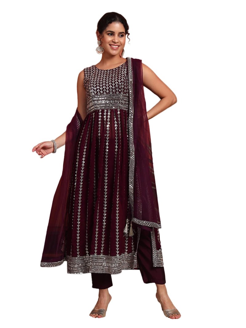 SHOPPING QUEEN Women's Georgette Sequins Kurta, Pyjama & Dupatta Set (A590_Wine_XL) - Image 1