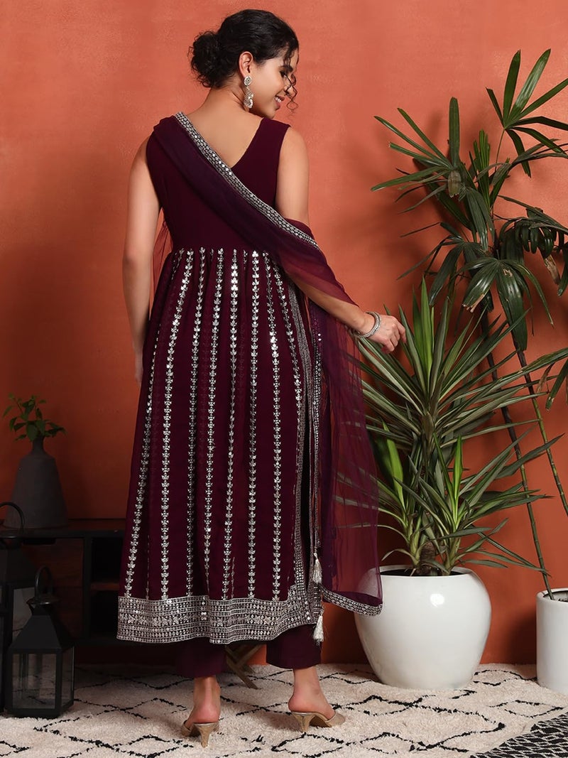 SHOPPING QUEEN Women's Georgette Sequins Kurta, Pyjama & Dupatta Set (A590_Wine_XL) - Image 2