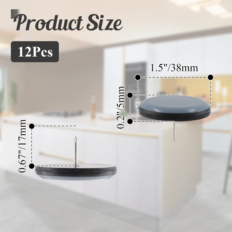 Suiwotin 12Pcs 1-1/2"" (38Mm) Nail On Furniture Sliders Round Teflon Chair Leg Gliders Furniture Feet Glides Furniture Movers Slides Floor Protectors For Carpet Hardwood Floor (Grey Black) - Image 3