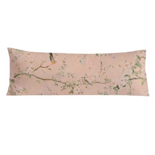 PIUD Vintage Pink Chinoiserie Bird 20x54 Body Pillow Cover, Chinoiserie Decor, Retro Cottagecore Flowers Aesthetic Bird Decorative Long Body Pillow Cases for Bed Couch - Image 1
