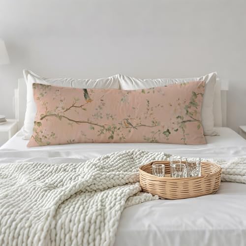 PIUD Vintage Pink Chinoiserie Bird 20x54 Body Pillow Cover, Chinoiserie Decor, Retro Cottagecore Flowers Aesthetic Bird Decorative Long Body Pillow Cases for Bed Couch - Image 3