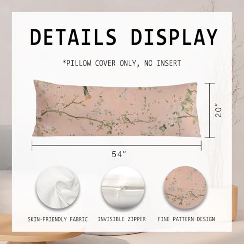 PIUD Vintage Pink Chinoiserie Bird 20x54 Body Pillow Cover, Chinoiserie Decor, Retro Cottagecore Flowers Aesthetic Bird Decorative Long Body Pillow Cases for Bed Couch - Image 2