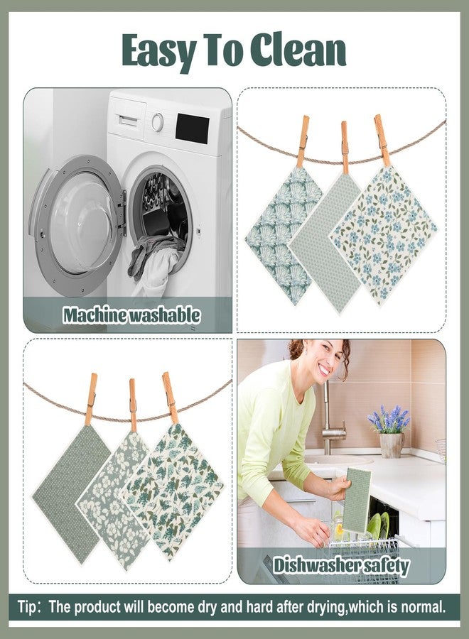 Pinsit Green Swedish Dishcloths for Kitchen, 6 PCS Swedish Dish Cloths, 7.5 x 6.7 Inch Super Absorbent Washable Reusable Floral Cloths Dish Towel, No Odor Cellulose Sponge (Light-Green) - Image 4
