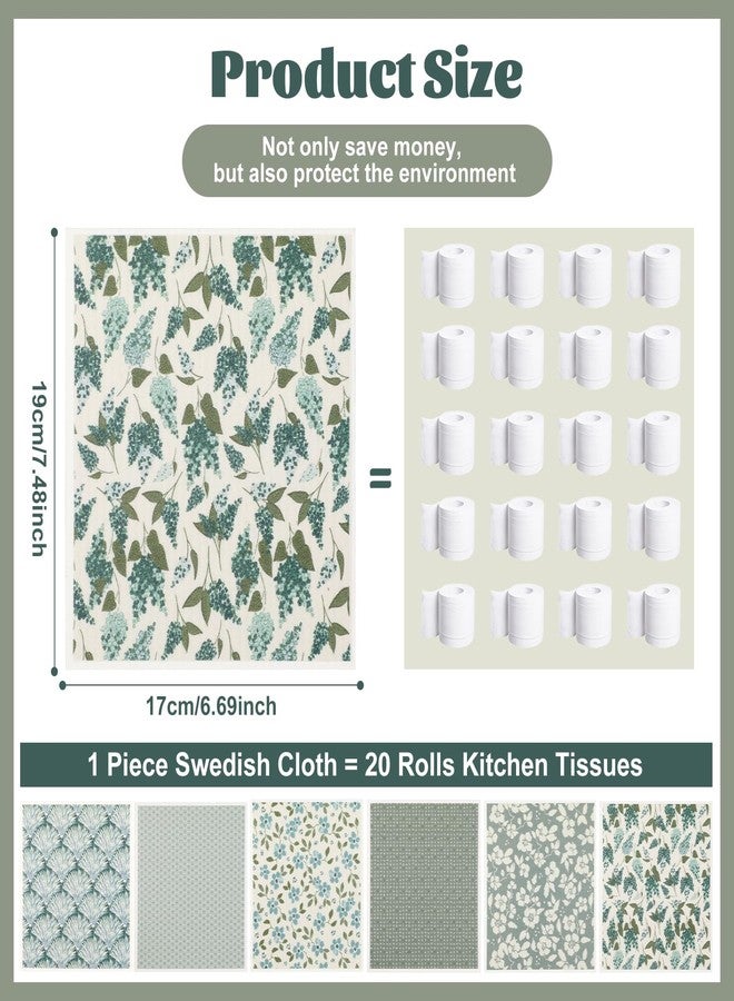 Pinsit Green Swedish Dishcloths for Kitchen, 6 PCS Swedish Dish Cloths, 7.5 x 6.7 Inch Super Absorbent Washable Reusable Floral Cloths Dish Towel, No Odor Cellulose Sponge (Light-Green) - Image 2