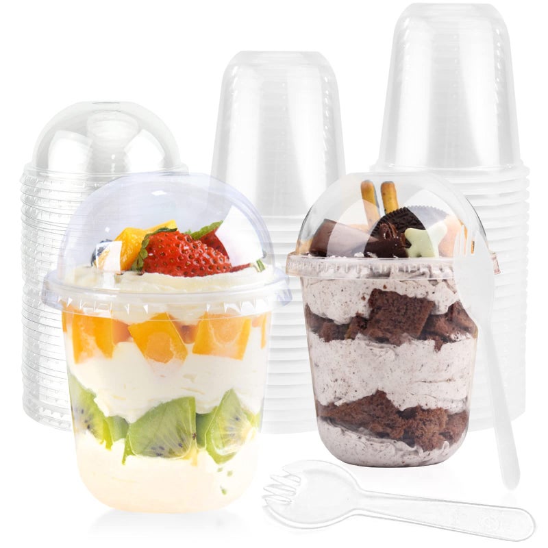 hapray 100 Pack 12 oz Clear Plastic Cups with Dome Lids and Sporks Disposable Ice Cream Cups with Lids with Straw Hole Crystal Clear Parfait Cups for Ice CreamCakePuddingDrinks