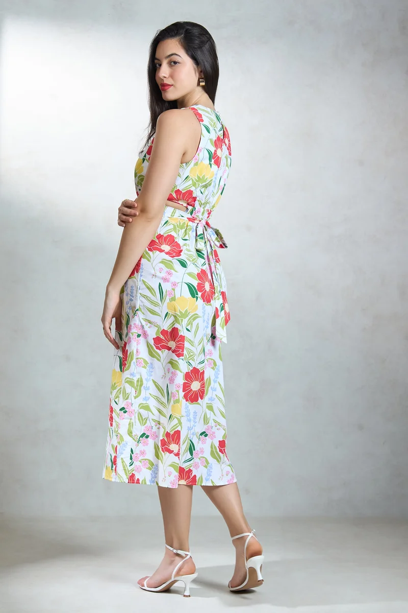 Virgio Multi Floral Cotton Floral Waist Detail Midi Dress for Women for Women | Best Price UAE
