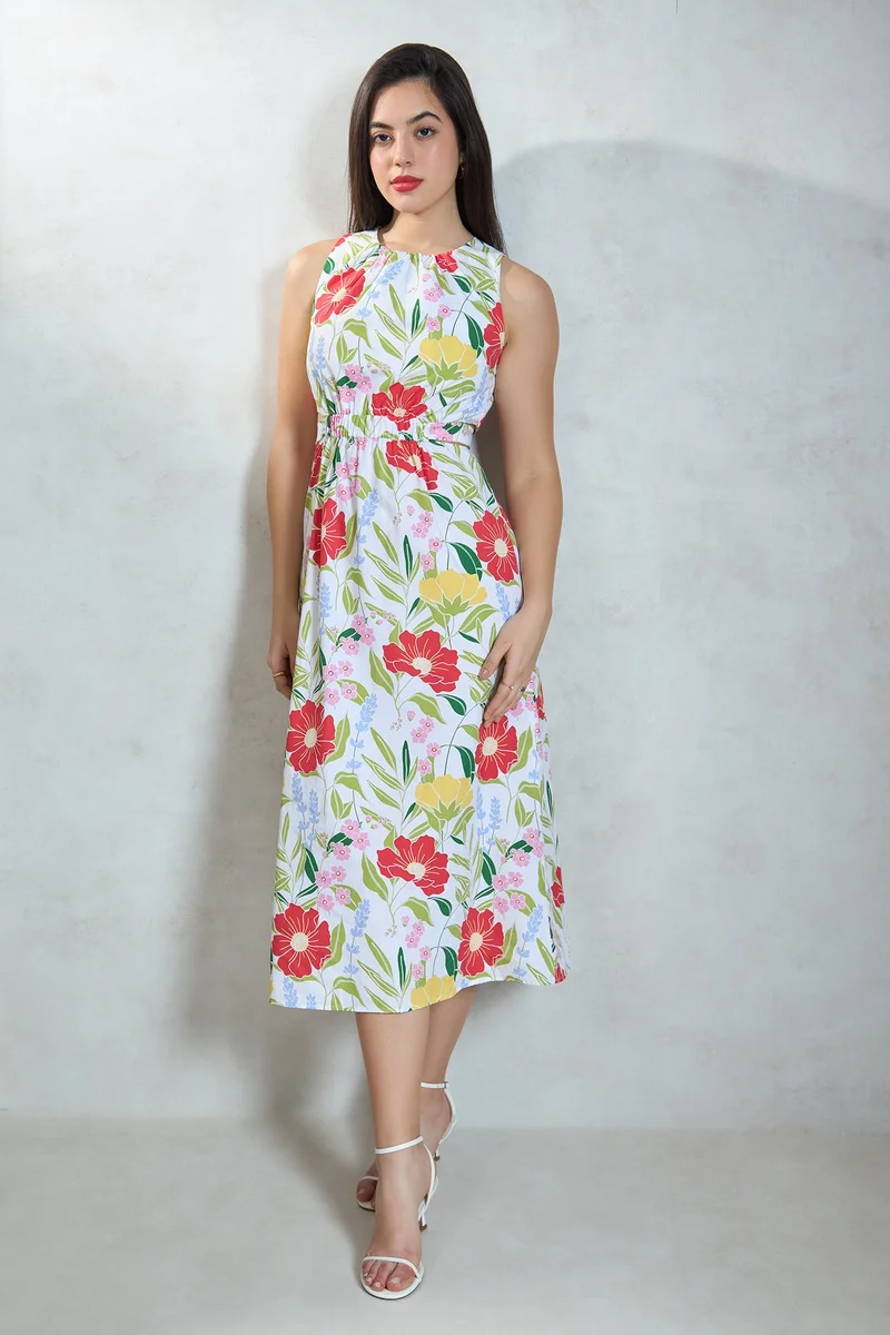 فيرجيو Floral Cotton Floral Waist Detail Midi Dress for Women