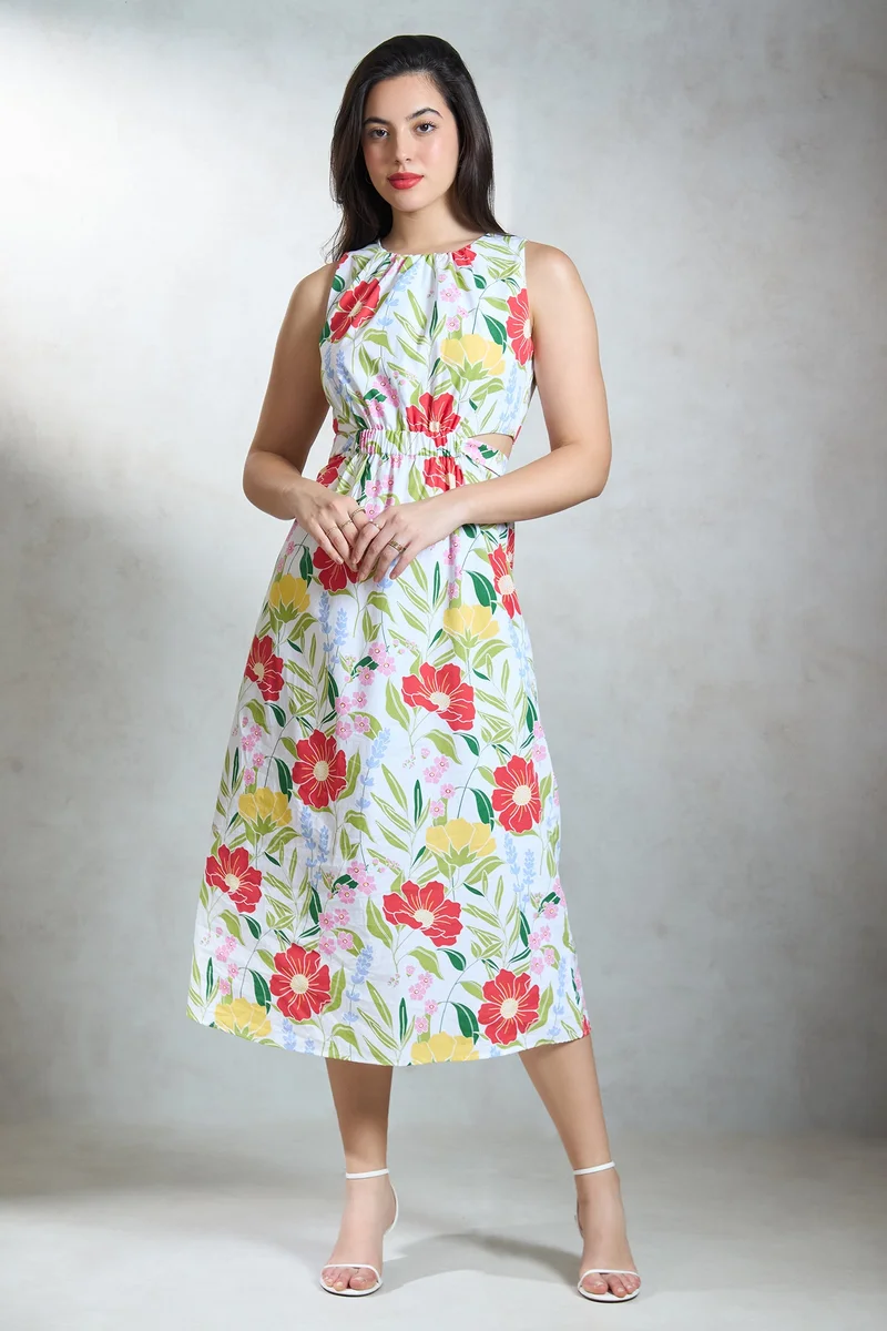 فيرجيو Floral Cotton Floral Waist Detail Midi Dress for Women