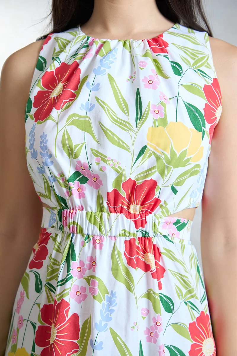 Virgio Multi Floral Cotton Floral Waist Detail Midi Dress for Women for Women | Best Price UAE