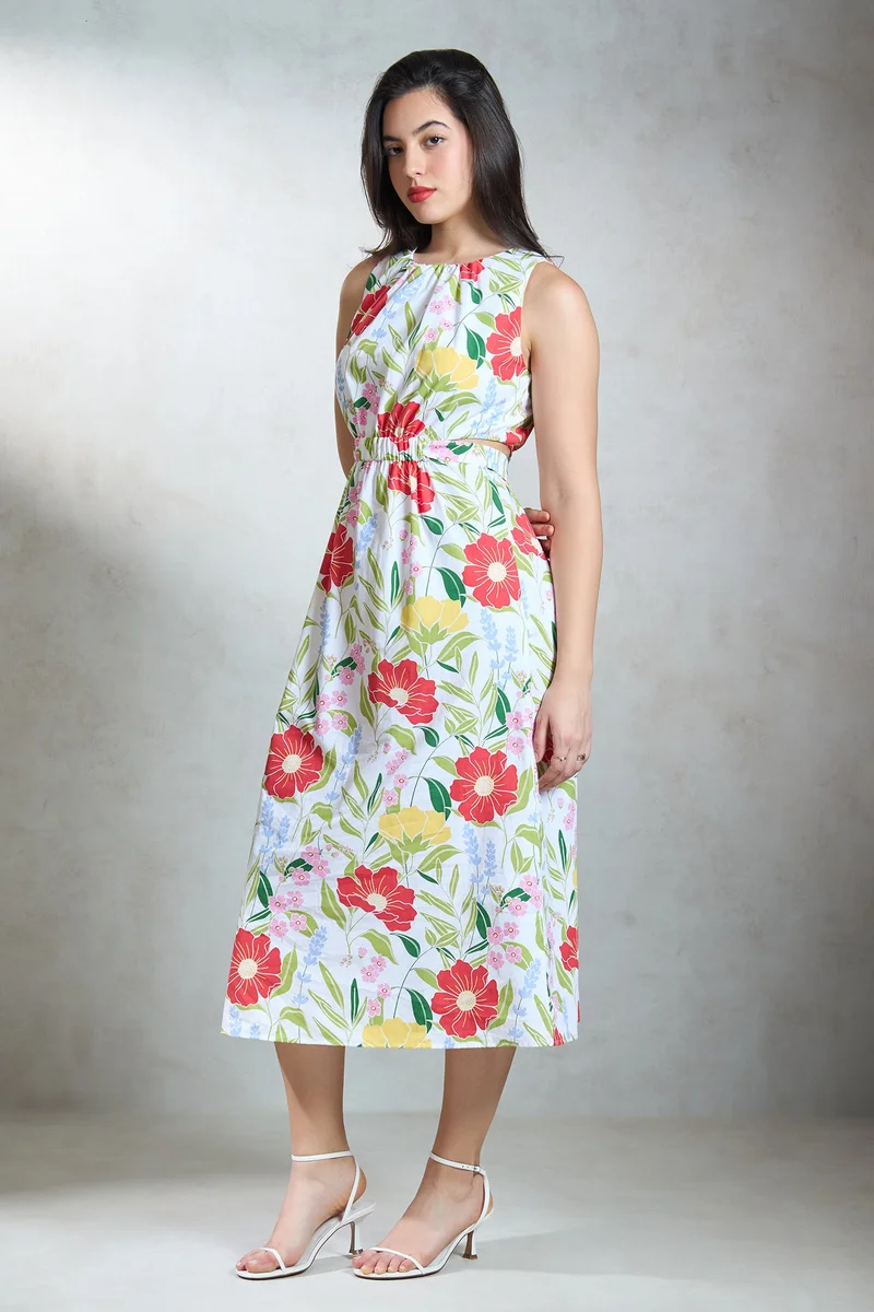 Virgio Multi Floral Cotton Floral Waist Detail Midi Dress for Women for Women | Best Price UAE