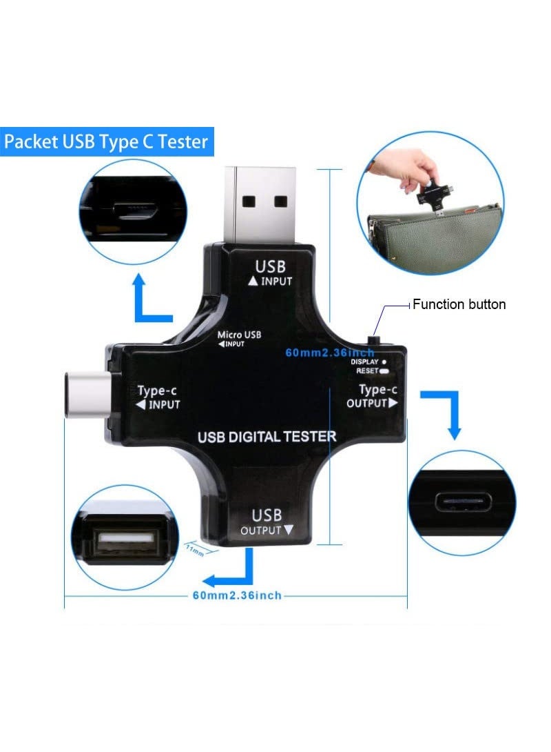 جهاز اختبار USB من النوع C ثنائي الوظائف بشاشة LCD ملونة، متعدد الوظائف رقمي، يقيس الجهد والتيار، ويكشف عن الفولتميتر والأمبير، ويشير إلى شاحن كابل USB، بجهد تيار مستمر 3.6-30 فولت/0-5.1 أمبير - Image 3
