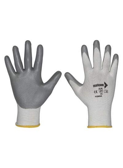 mallcom Mallcom P25NGA White Polyester 15 Gauge Seamless Liner Coated Sandy Finish Nitrile Safety Gloves for Industrial, Household Cleaning, Gardening, Dish-Washing and Scrubbing (Pack of 12) (Medium)  - Image 1