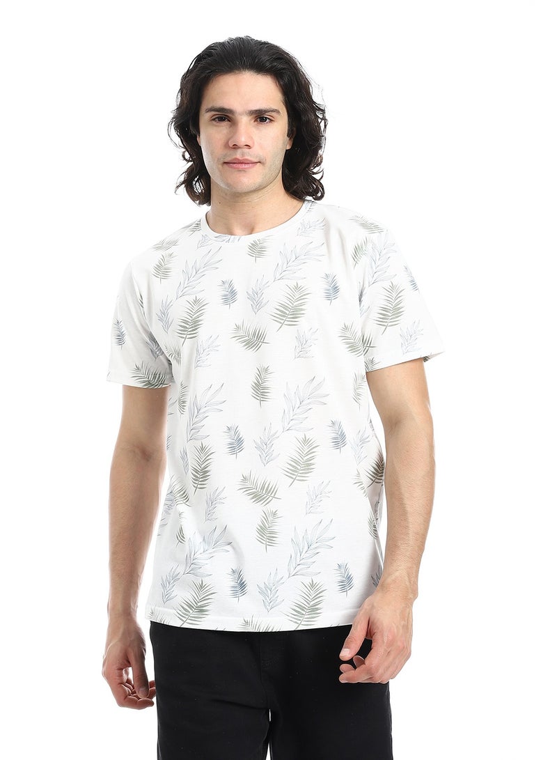 Andora Palm Pattern Slip On T-Shirt_White, Olive and Grey - Image 1