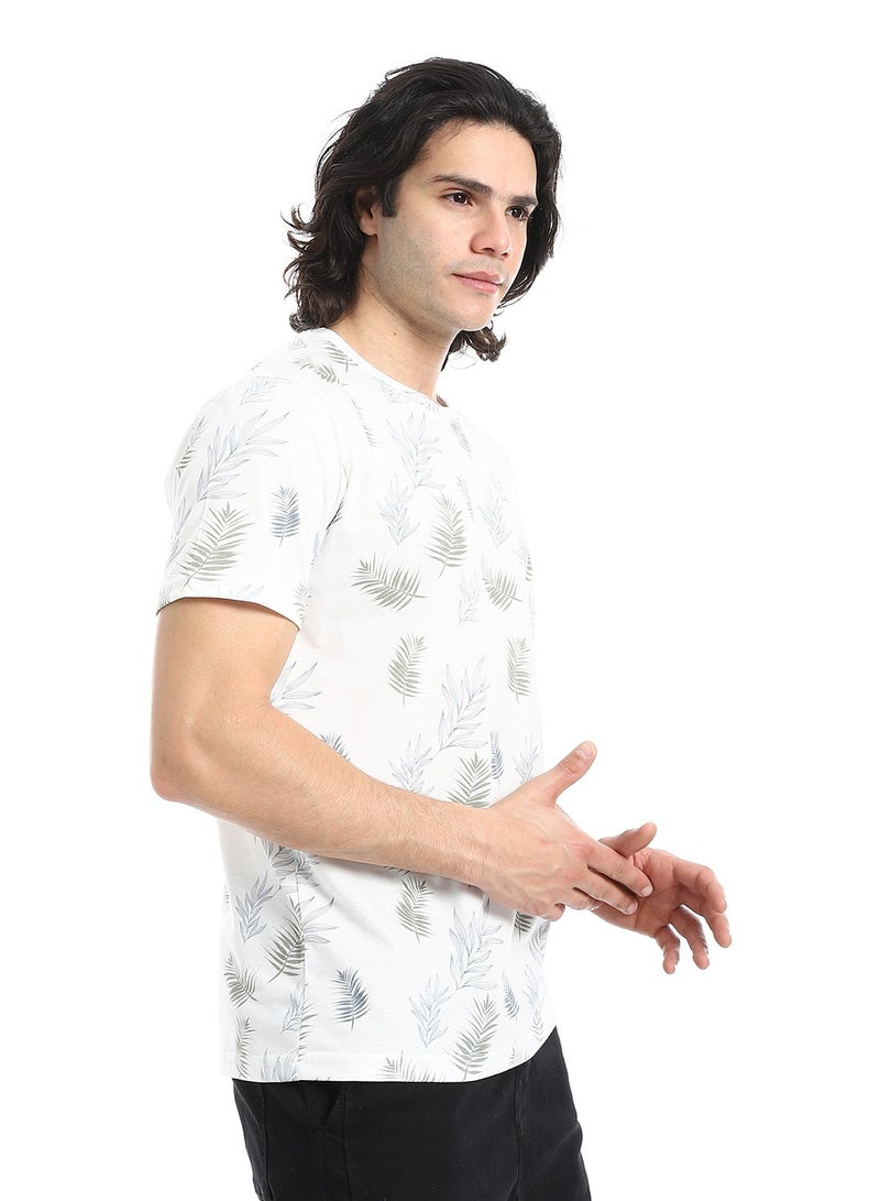 Andora Palm Pattern Slip On T-Shirt_White, Olive and Grey - Image 2