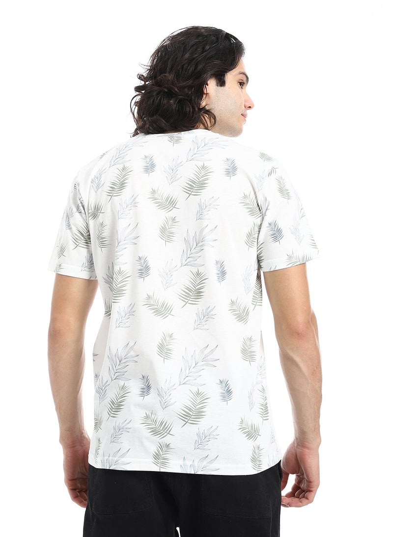 Andora Palm Pattern Slip On T-Shirt_White, Olive and Grey - Image 3