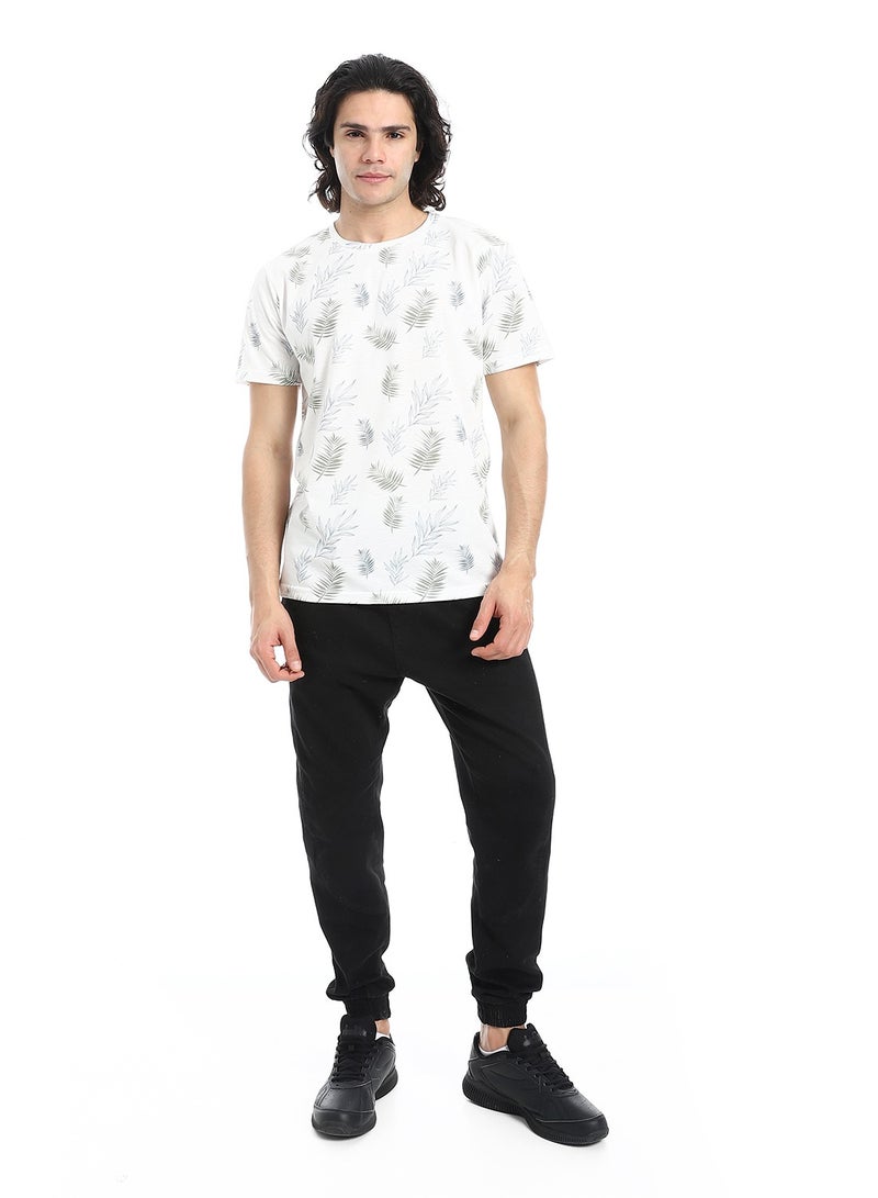 Andora Palm Pattern Slip On T-Shirt_White, Olive and Grey - Image 5