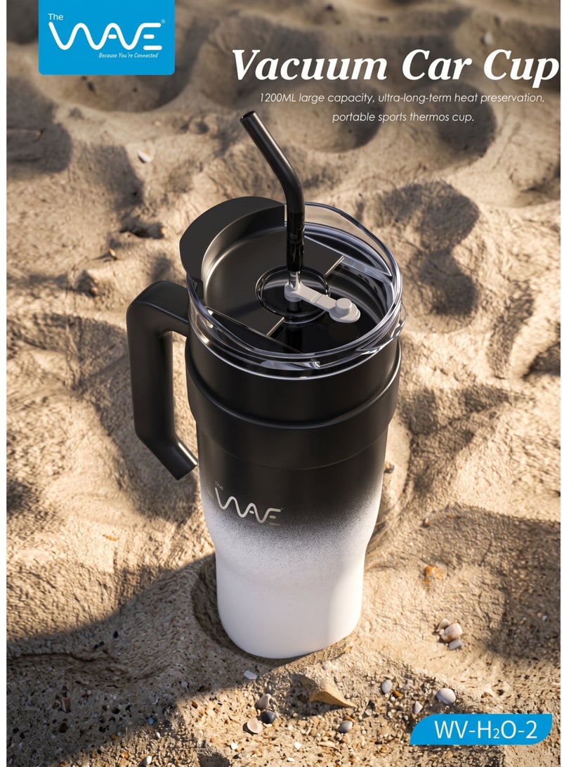 Wave 40 oz (1200ml) Tumbler with Handle, Stainless Steel Straw & Lid – Double Wall Vacuum Insulated Car Cup, Black to White Gradient Stainless Steel Travel Mug - Image 2