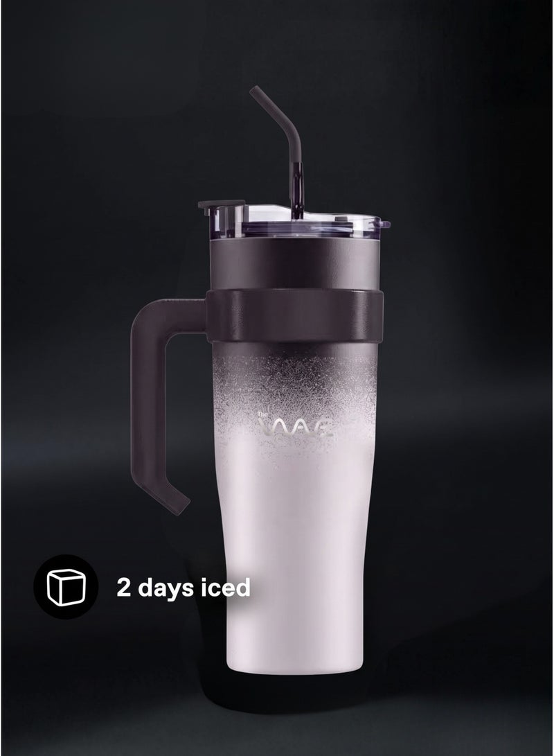 Wave 40 oz (1200ml) Tumbler with Handle, Stainless Steel Straw & Lid – Double Wall Vacuum Insulated Car Cup, Black to White Gradient Stainless Steel Travel Mug - Image 5