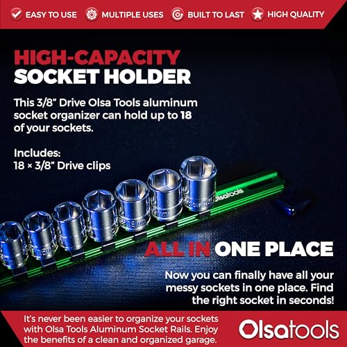 Olsa Tools Socket Organizer - 3/8-Inch Drive Green Holder - Stores 18 Chrome or Impact Sockets - Durable Rail Storage for Mechanics - Professional Grade Metric or SAE Socket Organizer - Part 1014 - Image 2