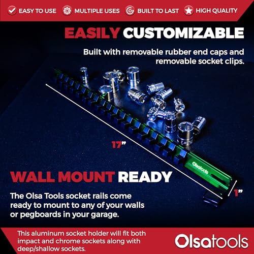 Olsa Tools Socket Organizer - 3/8-Inch Drive Green Holder - Stores 18 Chrome or Impact Sockets - Durable Rail Storage for Mechanics - Professional Grade Metric or SAE Socket Organizer - Part 1014 - Image 3