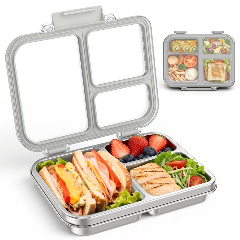 BABHAMNESS Stainless Steel Bento Lunch Box for Kids Adults, 3 Compartments Metal Bento Box with Transparent Lid & Silicone Container for Kids,Dishwasher-Safe,School & Travel,BPA-Free(Grey) - Image 1