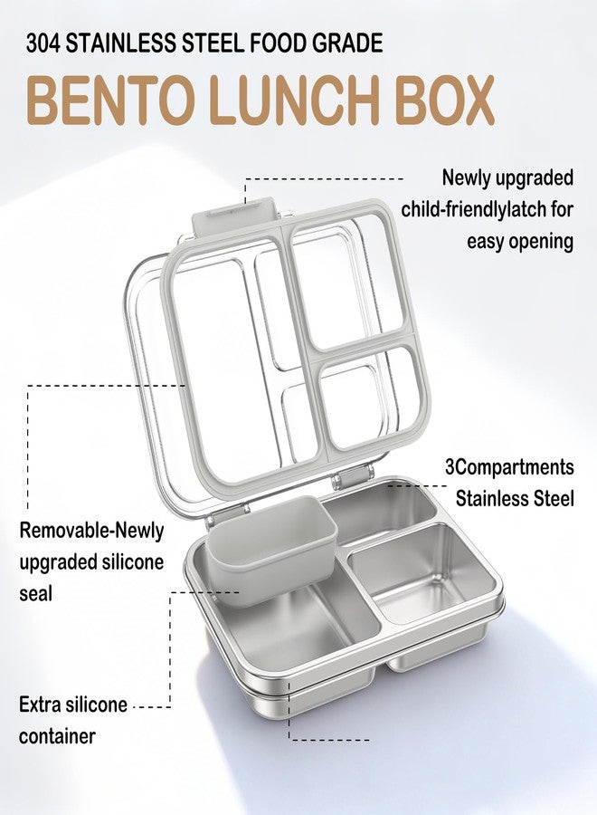 BABHAMNESS Stainless Steel Bento Lunch Box for Kids Adults, 3 Compartments Metal Bento Box with Transparent Lid & Silicone Container for Kids,Dishwasher-Safe,School & Travel,BPA-Free(Grey) - Image 2