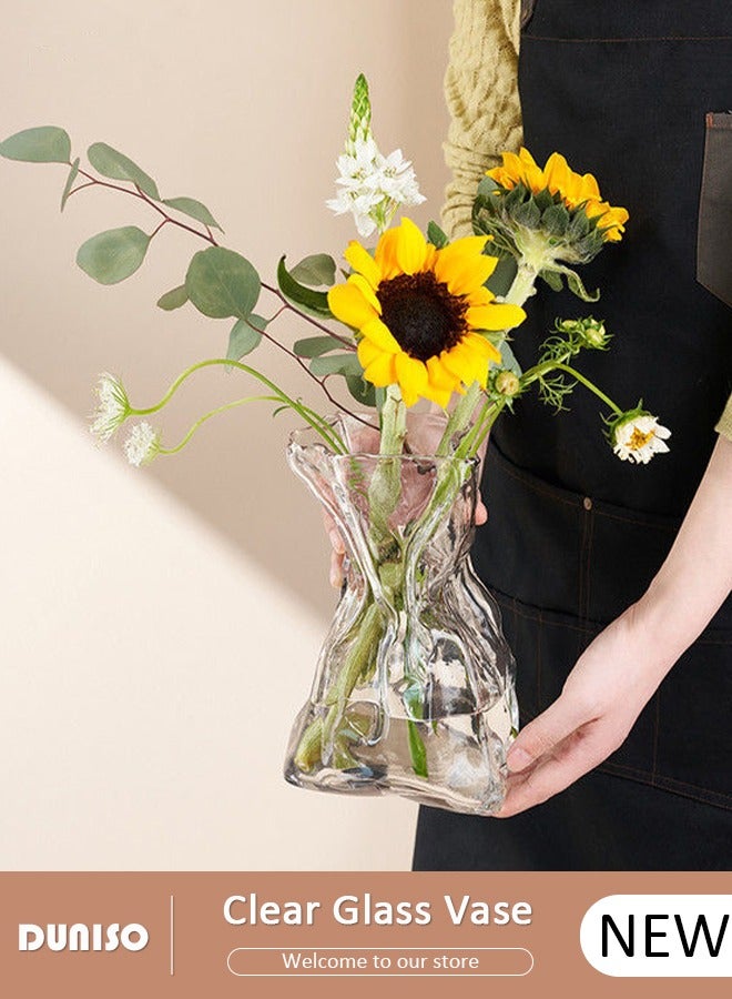 DUNISO Clear Glass Vase, Irregular Shaped Flower Vases for Centerpiece Table Indoor Desk Decor, Unique Balcony Flowers Container Decor, Geometric Vase for Office Decoration, Shelf, Table, Bookshelf  - Image 1