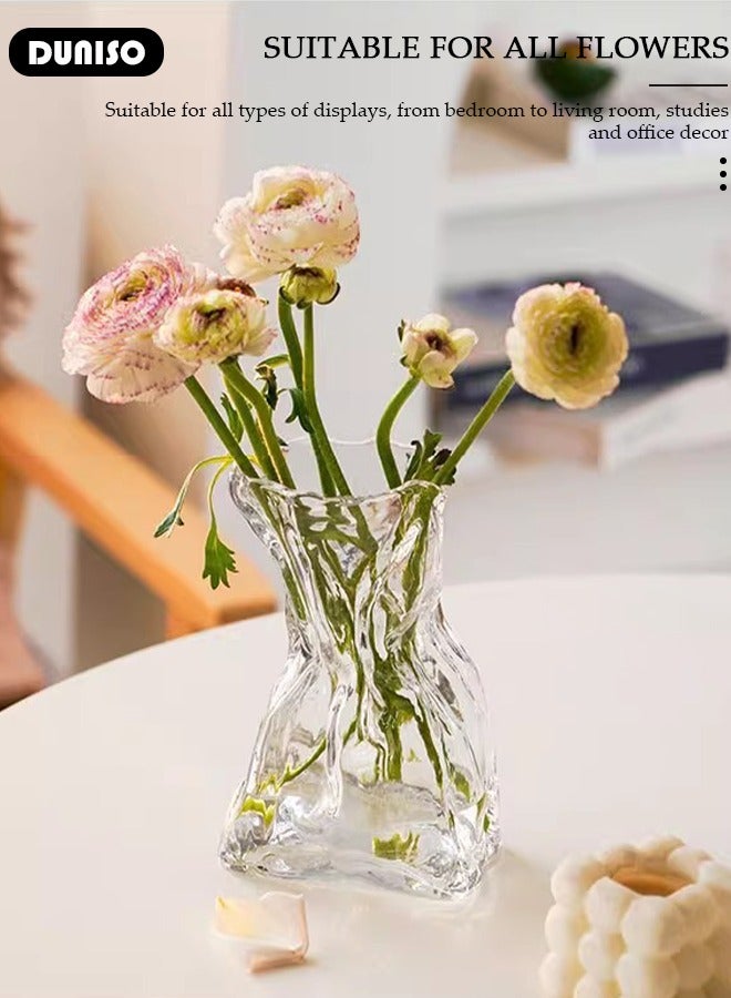 DUNISO Clear Glass Vase, Irregular Shaped Flower Vases for Centerpiece Table Indoor Desk Decor, Unique Balcony Flowers Container Decor, Geometric Vase for Office Decoration, Shelf, Table, Bookshelf  - Image 3