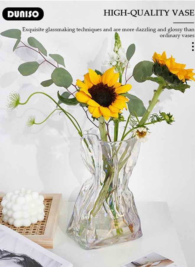 DUNISO Clear Glass Vase, Irregular Shaped Flower Vases for Centerpiece Table Indoor Desk Decor, Unique Balcony Flowers Container Decor, Geometric Vase for Office Decoration, Shelf, Table, Bookshelf  - Image 5