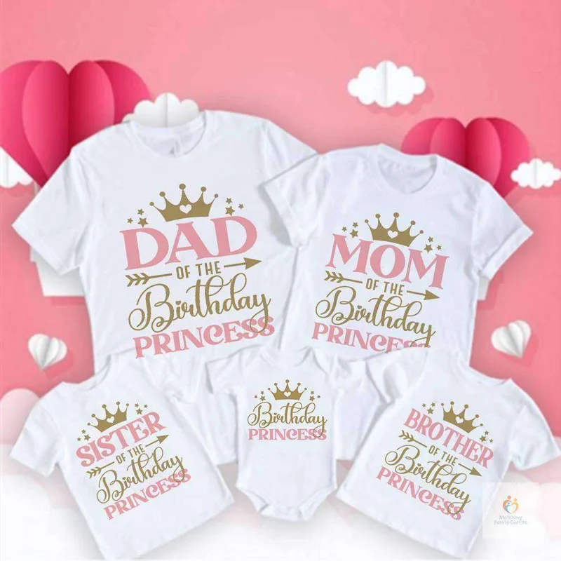 Matching Family Outfits Matching Family Birthday T Shirt Set for Mom Dad Brother Sister & Baby | Birthday Princess Theme Graphic Printed Family Tees | Coordinated Family Celebration Outfit | Soft Cotton Blend White T Shirts