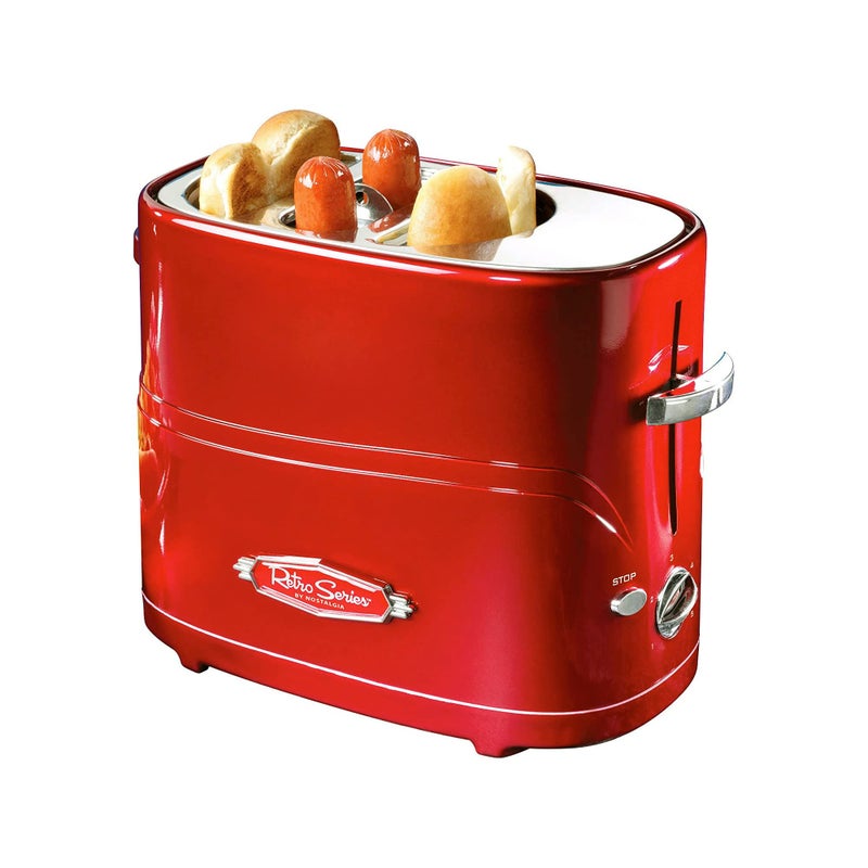 Nostalgia 2 Slot Hot Dog and Bun Toaster with Mini Tongs, Retro Toaster, Cooker that Works Chicken, Turkey, Veggie Links, Sausages Brats, Metallic Red - Image 1