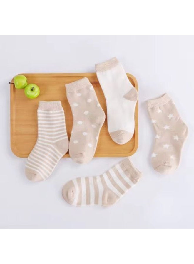 Lion Llama Kids Socks Set of 5 Pairs | Cotton Crew Socks for Girls | Beige & White Stripes | Polka Dot & Star Design | Kids Sizes