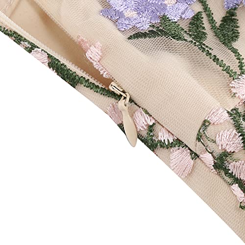 IWEMEK Double V Neck Floral Embroidery Dress for Women Plunging Neck Sleeveless Mesh Flower Embroidered Summer Formal Wedding Dress A-line Tulle Prom Vintage Homecoming Dresses Apricot+Purple M - Image 5