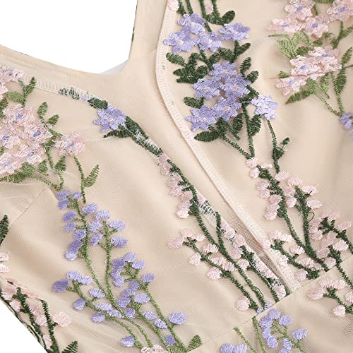 IWEMEK Double V Neck Floral Embroidery Dress for Women Plunging Neck Sleeveless Mesh Flower Embroidered Summer Formal Wedding Dress A-line Tulle Prom Vintage Homecoming Dresses Apricot+Purple M - Image 4