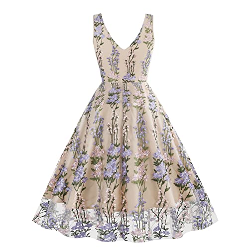 IWEMEK Double V Neck Floral Embroidery Dress for Women Plunging Neck Sleeveless Mesh Flower Embroidered Summer Formal Wedding Dress A-line Tulle Prom Vintage Homecoming Dresses Apricot+Purple M - Image 3