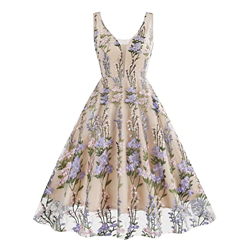 IWEMEK Double V Neck Floral Embroidery Dress for Women Plunging Neck Sleeveless Mesh Flower Embroidered Summer Formal Wedding Dress A-line Tulle Prom Vintage Homecoming Dresses Apricot+Purple M - Image 1