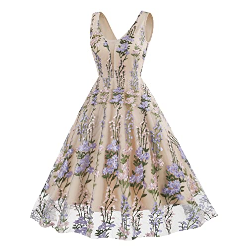 IWEMEK Double V Neck Floral Embroidery Dress for Women Plunging Neck Sleeveless Mesh Flower Embroidered Summer Formal Wedding Dress A-line Tulle Prom Vintage Homecoming Dresses Apricot+Purple M - Image 2