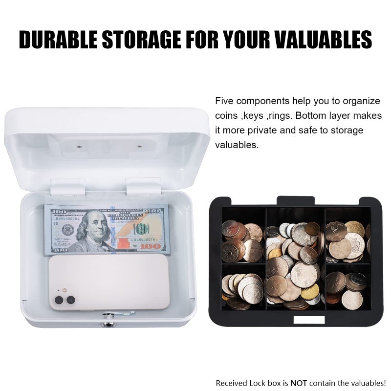 KYODOLED Medium Cash Box with Money Tray,Small Safe Lock Box with Key,Cash Drawer,7.87"x 6.30"x 3.54" White Medium - Image 4