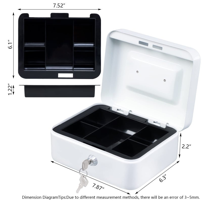 KYODOLED Medium Cash Box with Money Tray,Small Safe Lock Box with Key,Cash Drawer,7.87"x 6.30"x 3.54" White Medium - Image 5
