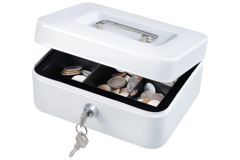 KYODOLED Medium Cash Box with Money Tray,Small Safe Lock Box with Key,Cash Drawer,7.87"x 6.30"x 3.54" White Medium - Image 1