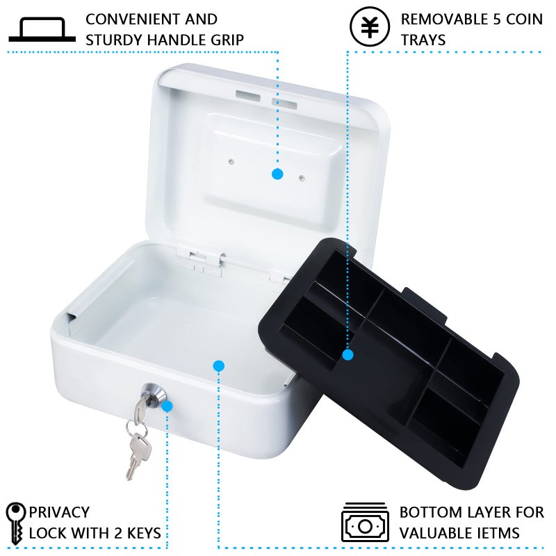KYODOLED Medium Cash Box with Money Tray,Small Safe Lock Box with Key,Cash Drawer,7.87"x 6.30"x 3.54" White Medium - Image 3