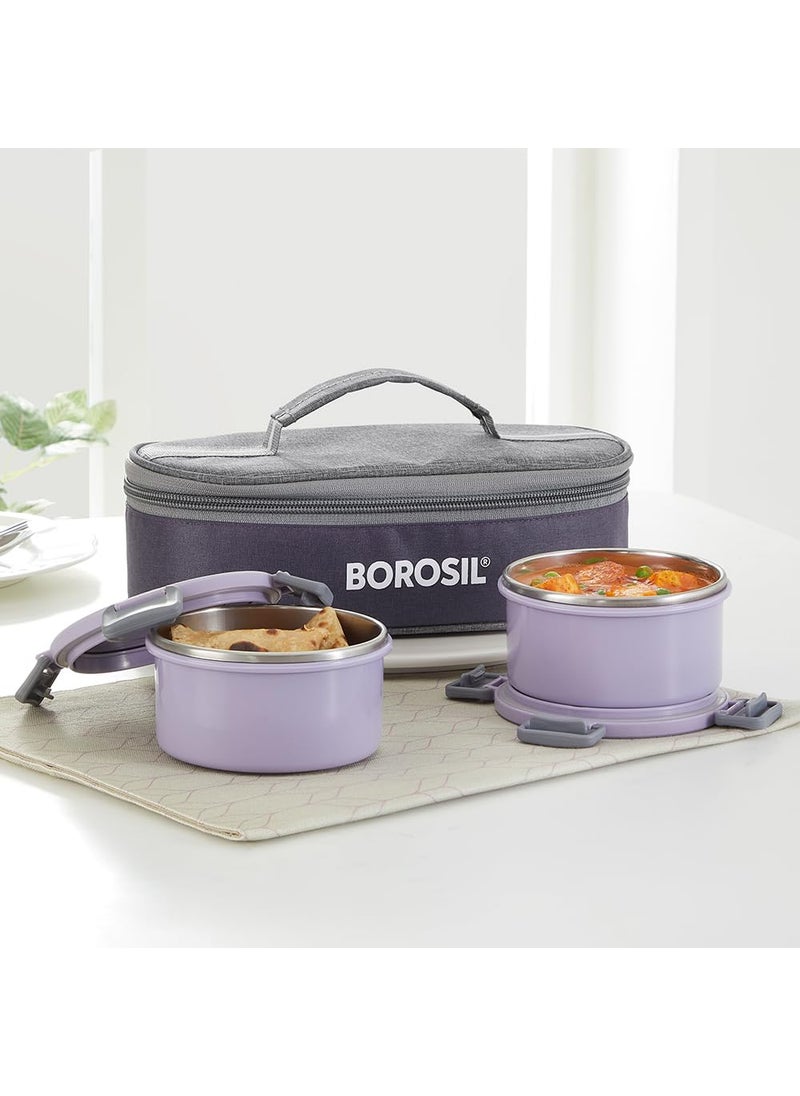 BOROSIL Borosil Glory Lavender Stainless Steel Lunchbox with Bag 2 pcs Container Set 280ml Each Microwavable Tiffin with Food Grade Steel Leakproof Dishwasher Safe 1 Year Warranty Horizontal  - Image 1