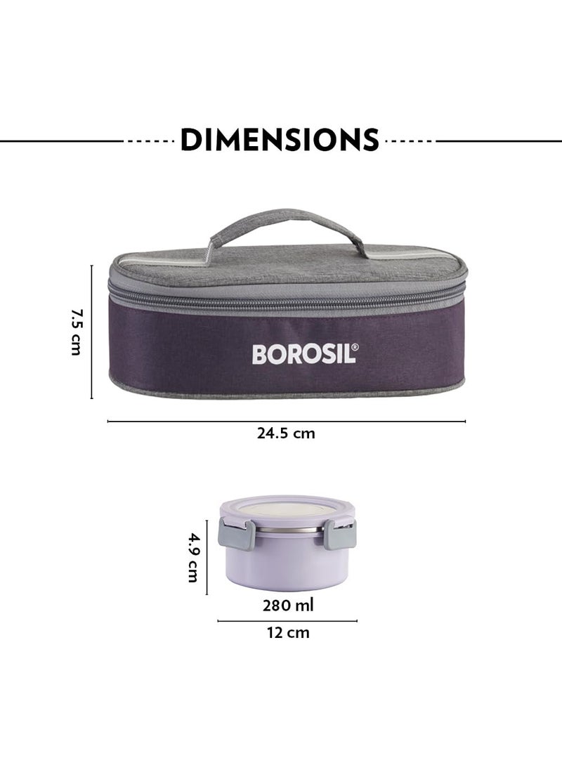 BOROSIL Borosil Glory Lavender Stainless Steel Lunchbox with Bag 2 pcs Container Set 280ml Each Microwavable Tiffin with Food Grade Steel Leakproof Dishwasher Safe 1 Year Warranty Horizontal  - Image 2