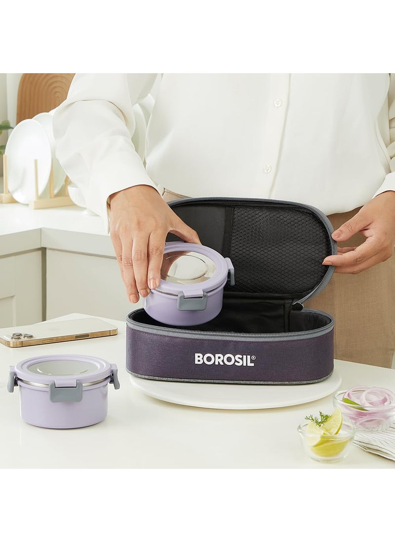 BOROSIL Borosil Glory Lavender Stainless Steel Lunchbox with Bag 2 pcs Container Set 280ml Each Microwavable Tiffin with Food Grade Steel Leakproof Dishwasher Safe 1 Year Warranty Horizontal  - Image 4