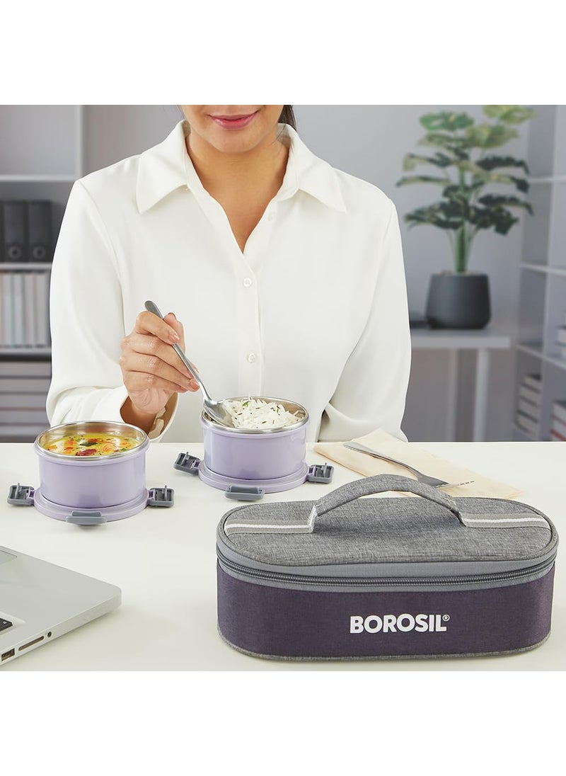 BOROSIL Borosil Glory Lavender Stainless Steel Lunchbox with Bag 2 pcs Container Set 280ml Each Microwavable Tiffin with Food Grade Steel Leakproof Dishwasher Safe 1 Year Warranty Horizontal  - Image 5