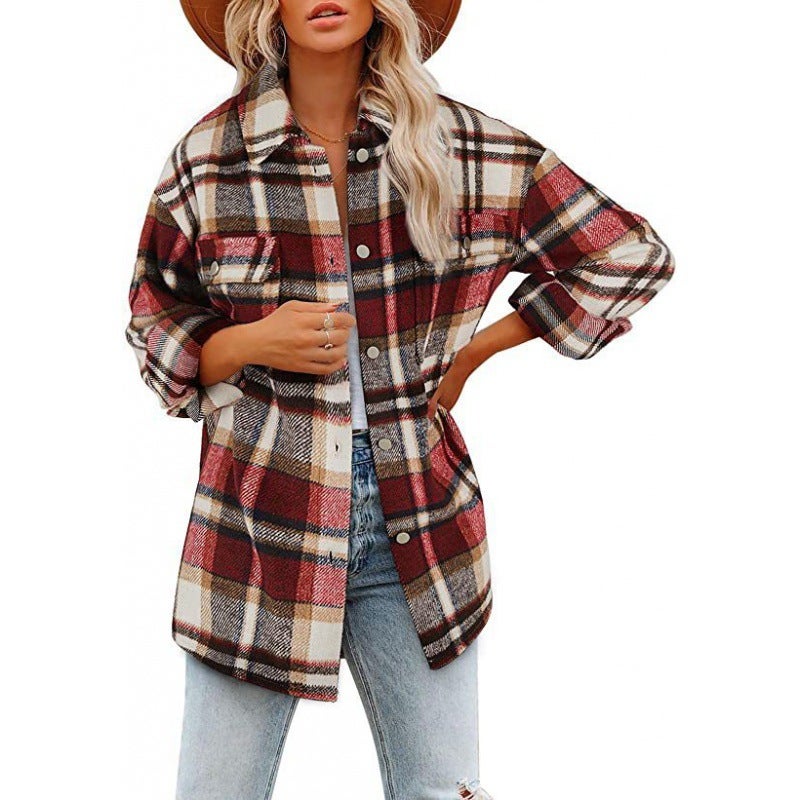 2022 Autumn Winter Plaid Wool Coat Womens Casual Loose Long Sleeve Shirt Red 