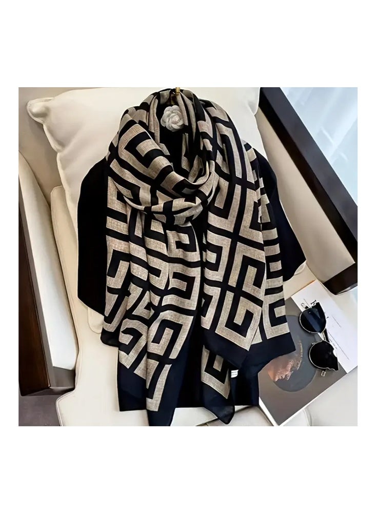 Zeemey Women's fashionable geometric pattern scarf, black and brown color combination is classic and generous, large size design, light texture, can be used as a shawl, adding a sense of luxury to the outfit. - Image 2