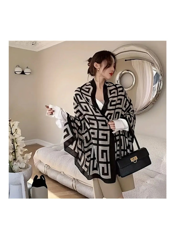 Zeemey Women's fashionable geometric pattern scarf, black and brown color combination is classic and generous, large size design, light texture, can be used as a shawl, adding a sense of luxury to the outfit. - Image 4