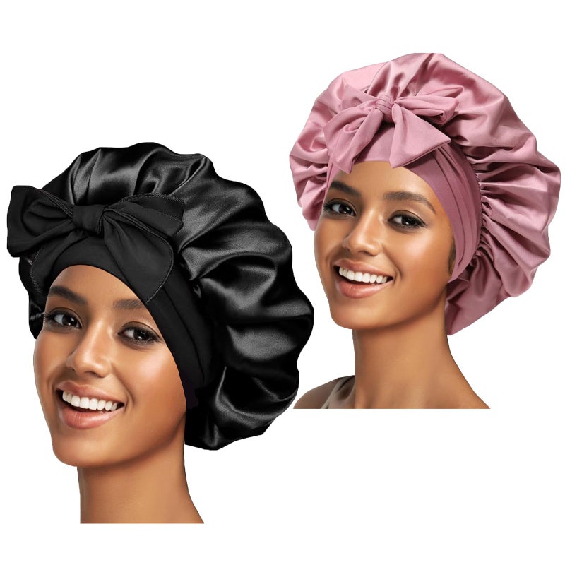 Confvrter 2PCS Silk Bonnet for Women, Satin Bonnet for Sleeping, Large Sleep Cap with Elastic Tie Band for Curly Hair (Bean Paste Pink+Black) - Image 1