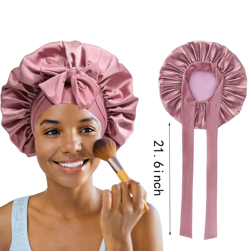 Confvrter 2PCS Silk Bonnet for Women, Satin Bonnet for Sleeping, Large Sleep Cap with Elastic Tie Band for Curly Hair (Bean Paste Pink+Black) - Image 3